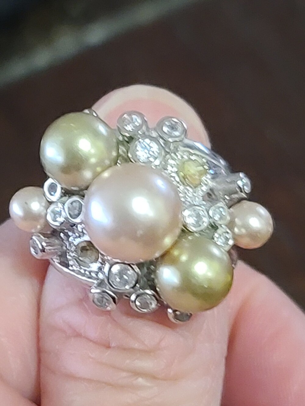 Pearl and Cz Cluster Statement Ring, Pink Pearl, Gold Accents Sterling Silver 6